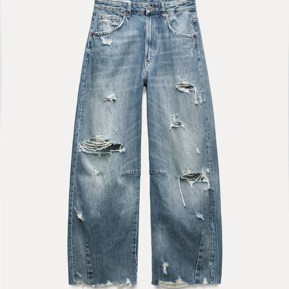 Zara Mid Waist Baggy Distressed Blue Balloon Jeans